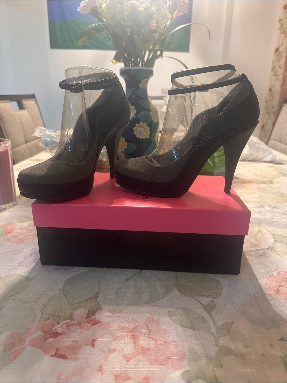 Sportmax Black and Olive Green Suede and Leather Ankle-Strap Pumps